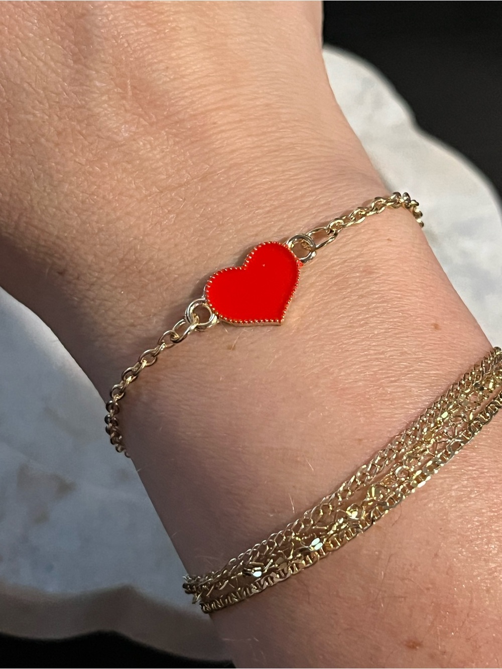 Gold toned Chain Bracelet with enamel Red Heart Charm
